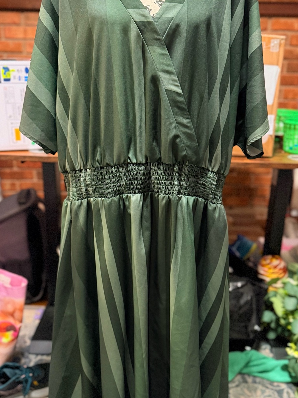 BloomChic Olive Green Striped Midi Dress